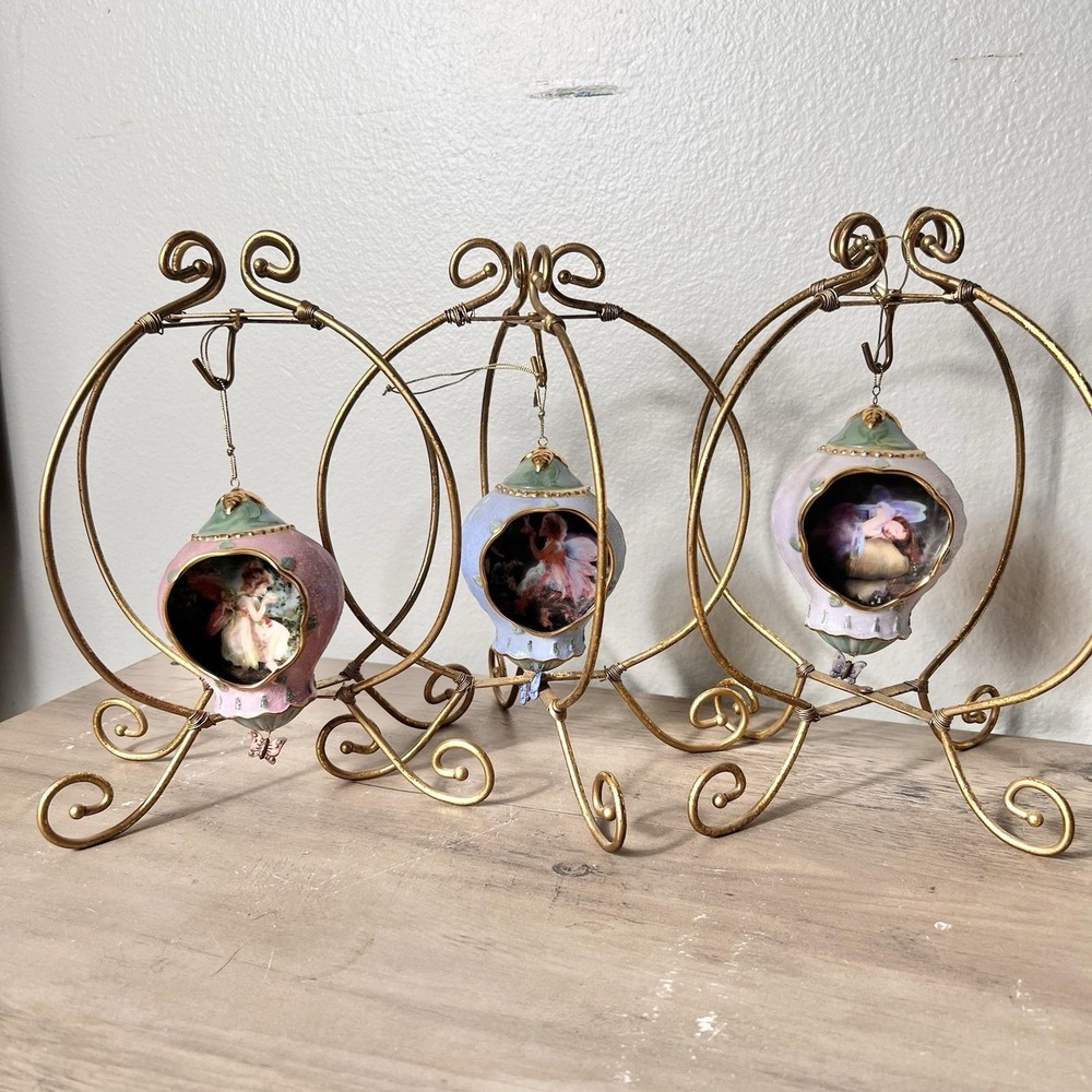 Vtg Bradford Exchange Fairy Ornament Set w/ Gold Stands Butterfly Detail 3-Piece - Picture 2 of 11